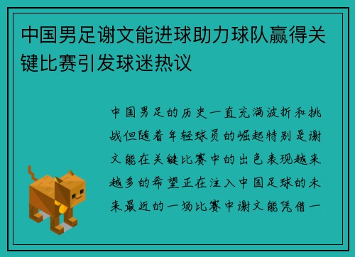中国男足谢文能进球助力球队赢得关键比赛引发球迷热议