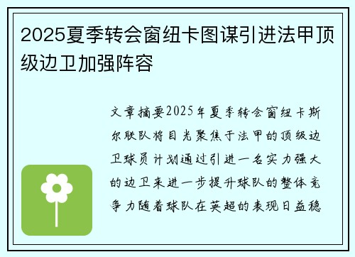 2025夏季转会窗纽卡图谋引进法甲顶级边卫加强阵容